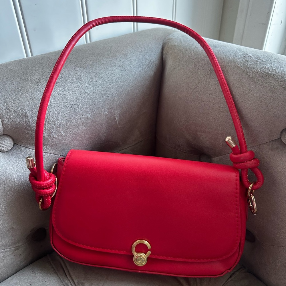 Red Shoulder Bag with Gold Hardware